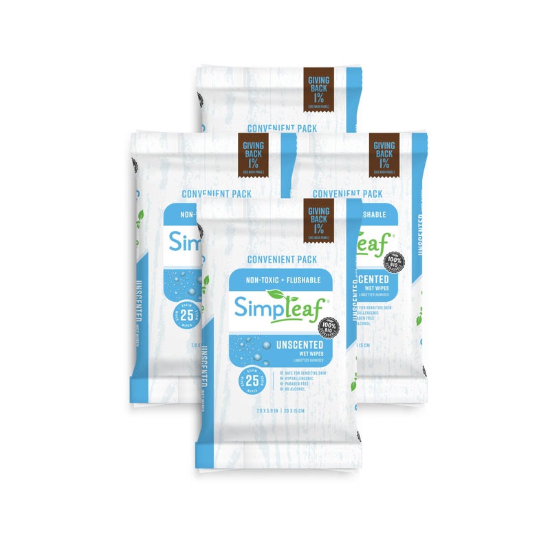 Simpleaf Flushable Wet Wipes Unscented EcoFriendly Paraben Alcohol Free Hypoallergenic Safe for Sensitive Skin Soothing Aloe Formula 4 x 25 Counts Convenient Pack 100 Counts Total